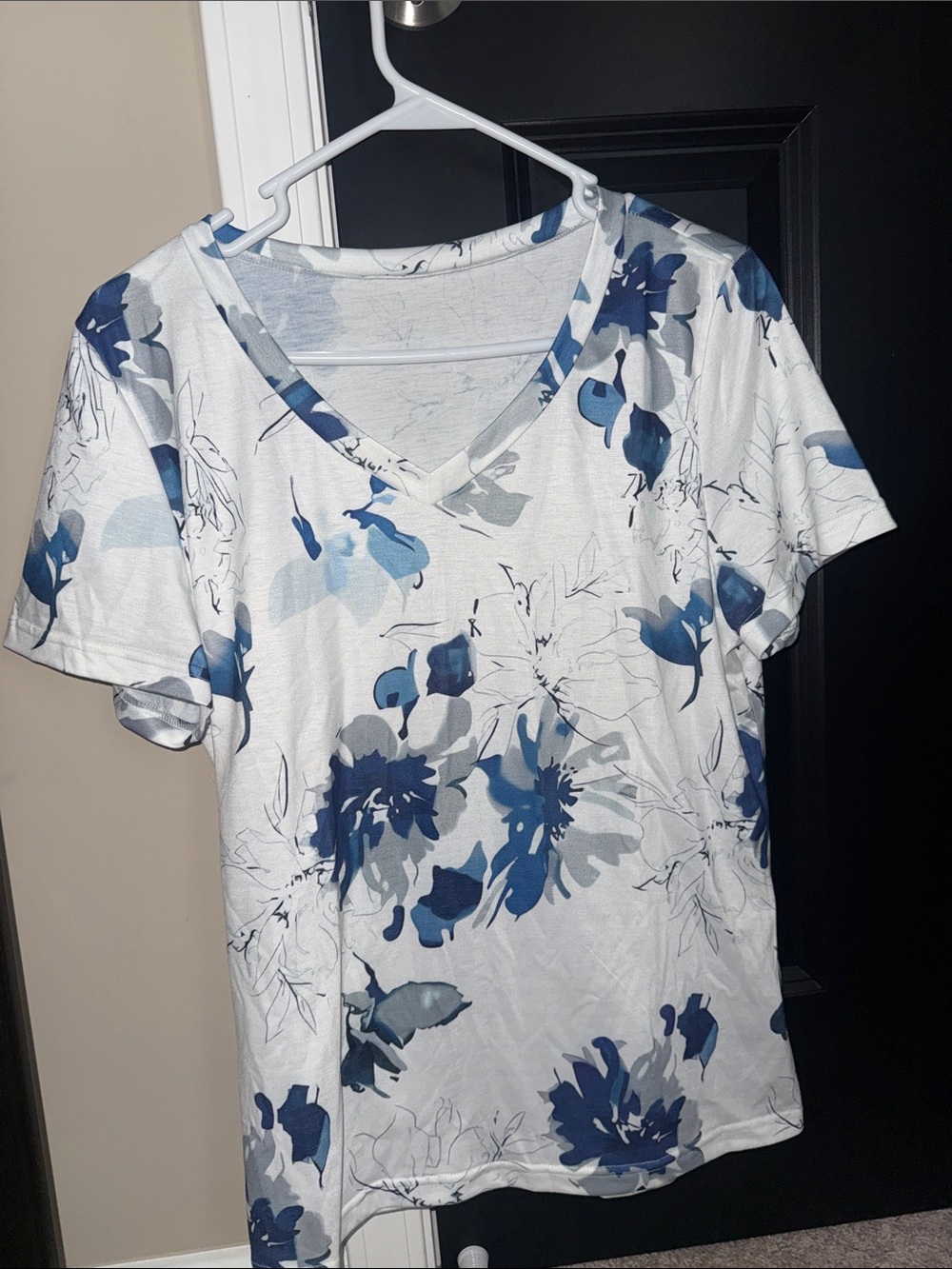 Women's White V-Neck Floral Tee with Blue Print